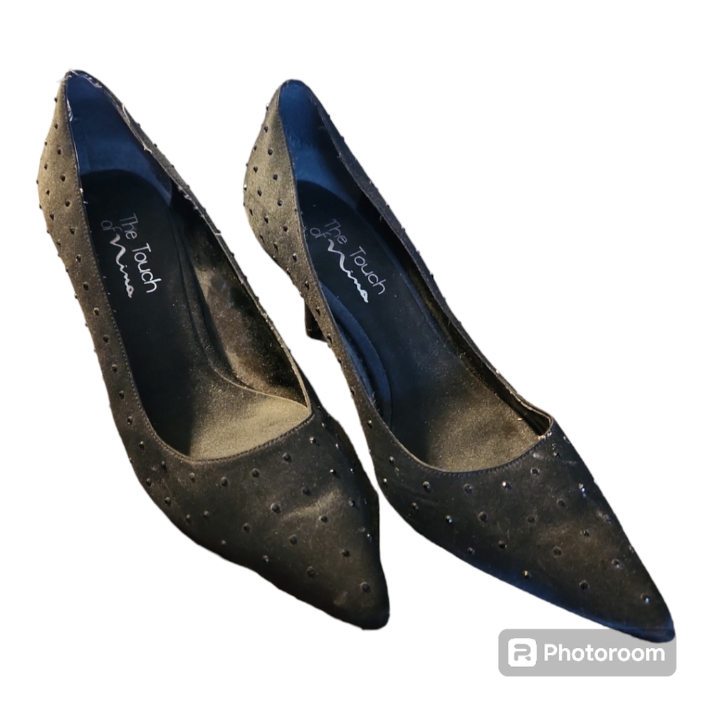 Nina Partie Black Satin Black Rinestone Formal Pointed Toe 2" Heel Size 8M